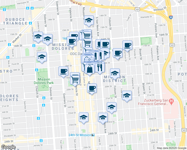 map of restaurants, bars, coffee shops, grocery stores, and more near 772 South Van Ness Avenue in San Francisco