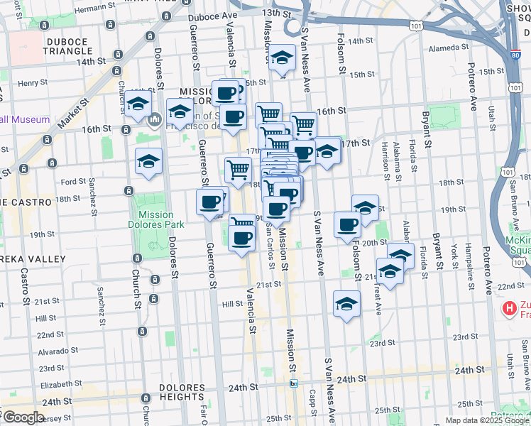 map of restaurants, bars, coffee shops, grocery stores, and more near 2200 Mission Street in San Francisco