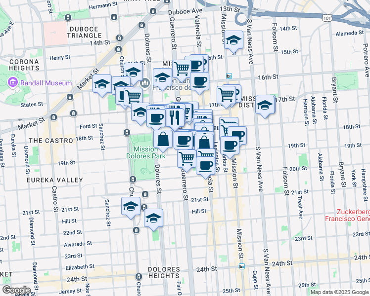 map of restaurants, bars, coffee shops, grocery stores, and more near 630 Guerrero Street in San Francisco
