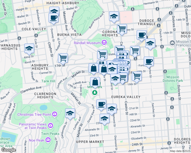 map of restaurants, bars, coffee shops, grocery stores, and more near 59 Hattie Street in San Francisco