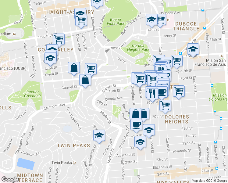 map of restaurants, bars, coffee shops, grocery stores, and more near 3041 Market Street in San Francisco
