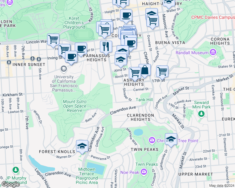 map of restaurants, bars, coffee shops, grocery stores, and more near 1529 Shrader Street in San Francisco