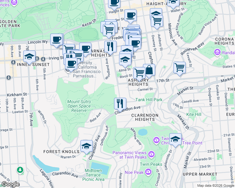 map of restaurants, bars, coffee shops, grocery stores, and more near in San Francisco