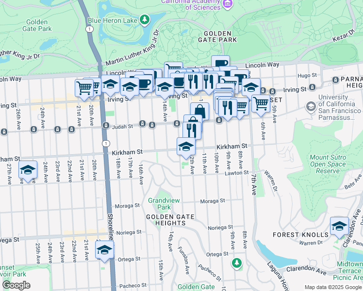 map of restaurants, bars, coffee shops, grocery stores, and more near 1451 Funston Avenue in San Francisco