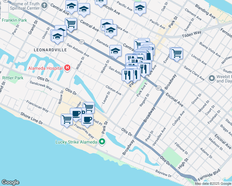 map of restaurants, bars, coffee shops, grocery stores, and more near 897 Oak Street in Alameda