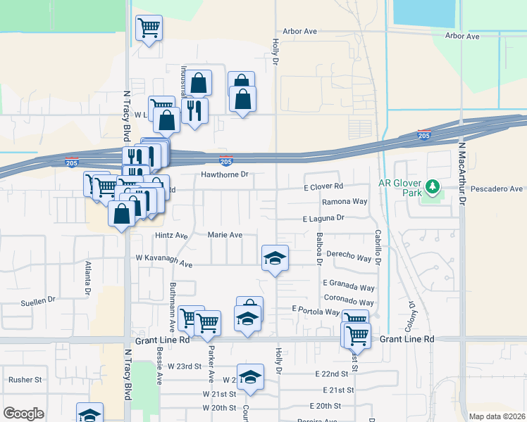 map of restaurants, bars, coffee shops, grocery stores, and more near 3355 Holly Drive in Tracy