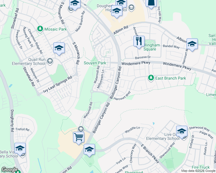 map of restaurants, bars, coffee shops, grocery stores, and more near 4320 Crestfield Drive in San Ramon