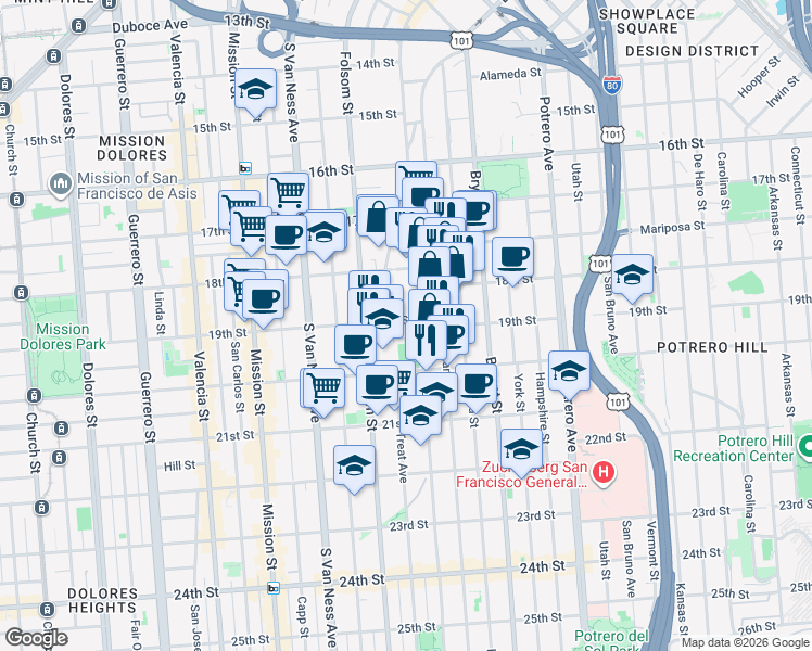 map of restaurants, bars, coffee shops, grocery stores, and more near 2300 Harrison Street in San Francisco