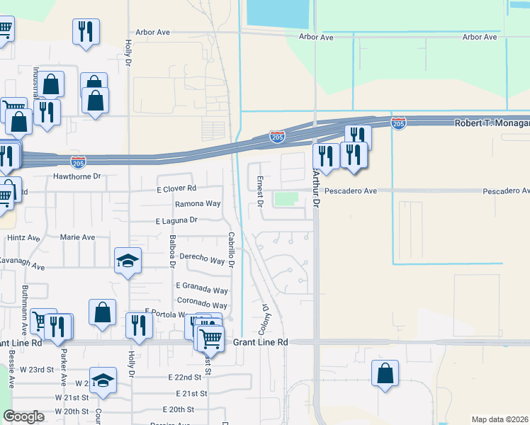 map of restaurants, bars, coffee shops, grocery stores, and more near 3264 Ernest Drive in Tracy