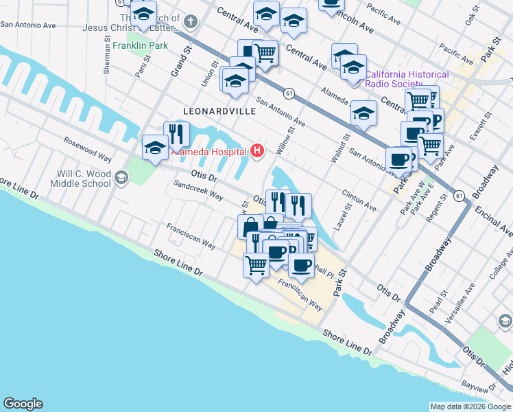 map of restaurants, bars, coffee shops, grocery stores, and more near 2106 Otis Drive in Alameda