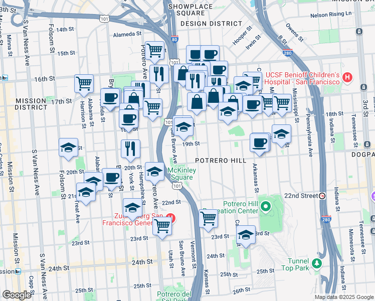 map of restaurants, bars, coffee shops, grocery stores, and more near 737 Vermont Street in San Francisco