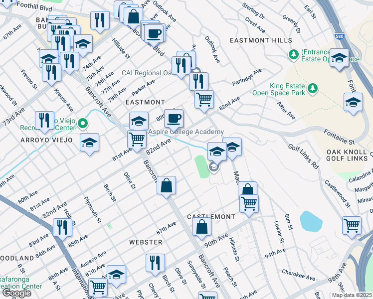 map of restaurants, bars, coffee shops, grocery stores, and more near 2354 83rd Avenue in Oakland