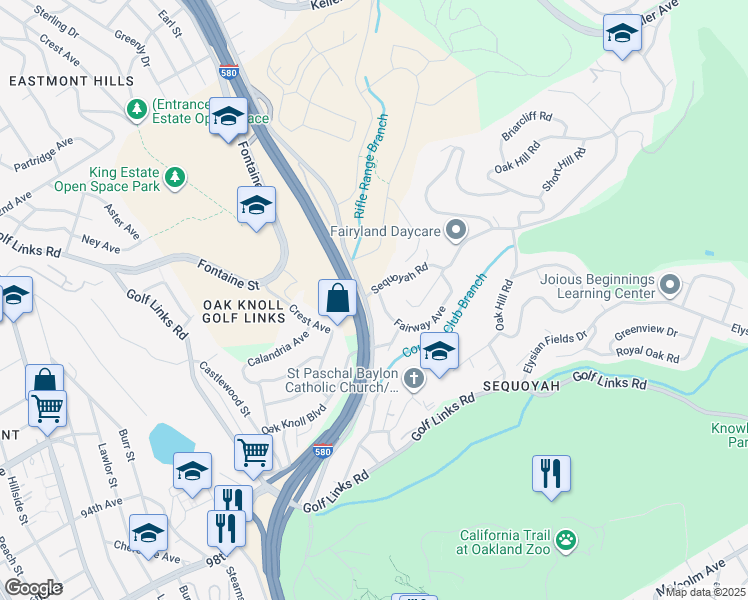 map of restaurants, bars, coffee shops, grocery stores, and more near 3858 Fairway Avenue in Oakland
