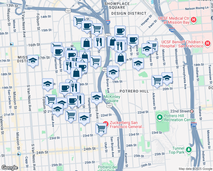 map of restaurants, bars, coffee shops, grocery stores, and more near 718 San Bruno Avenue in San Francisco