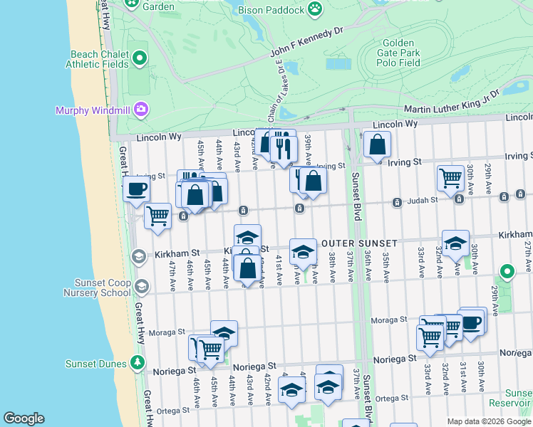 map of restaurants, bars, coffee shops, grocery stores, and more near 1382 41st Avenue in San Francisco