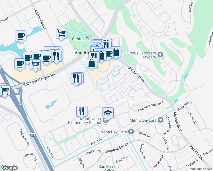 map of restaurants, bars, coffee shops, grocery stores, and more near 309 Springfield Drive in San Ramon