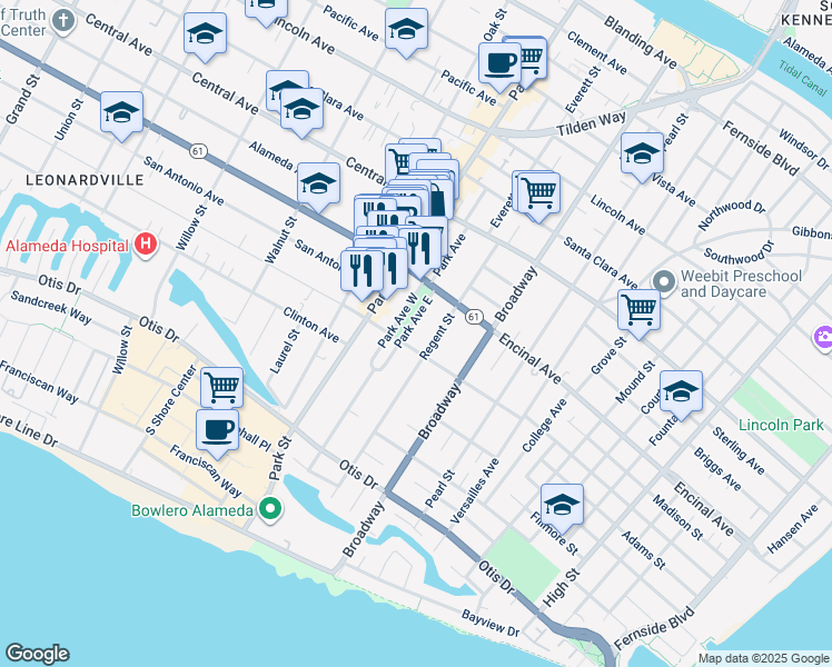 map of restaurants, bars, coffee shops, grocery stores, and more near 1220 Park Avenue in Alameda