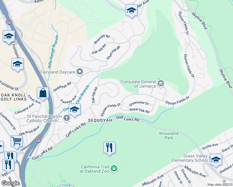 map of restaurants, bars, coffee shops, grocery stores, and more near 112 Sequoyah View Drive in Oakland