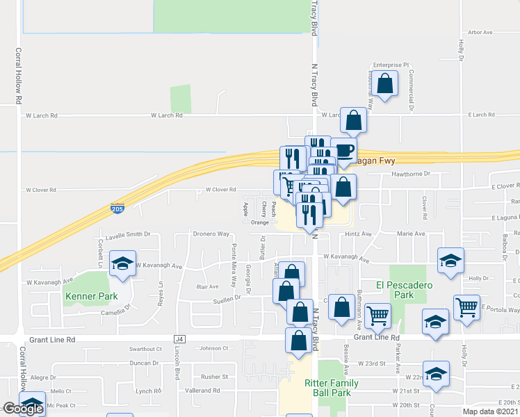 map of restaurants, bars, coffee shops, grocery stores, and more near 812 West Clover Road in Tracy