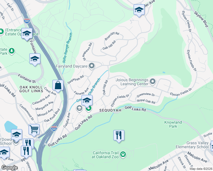map of restaurants, bars, coffee shops, grocery stores, and more near 4091 Oak Hill Road in Oakland
