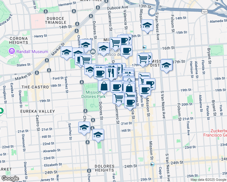 map of restaurants, bars, coffee shops, grocery stores, and more near 630 Guerrero Street in San Francisco