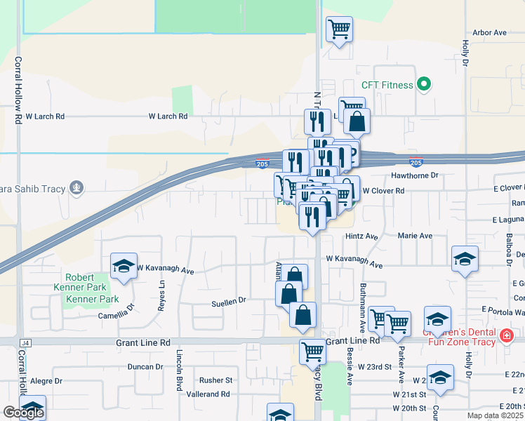 map of restaurants, bars, coffee shops, grocery stores, and more near 812 West Clover Road in Tracy