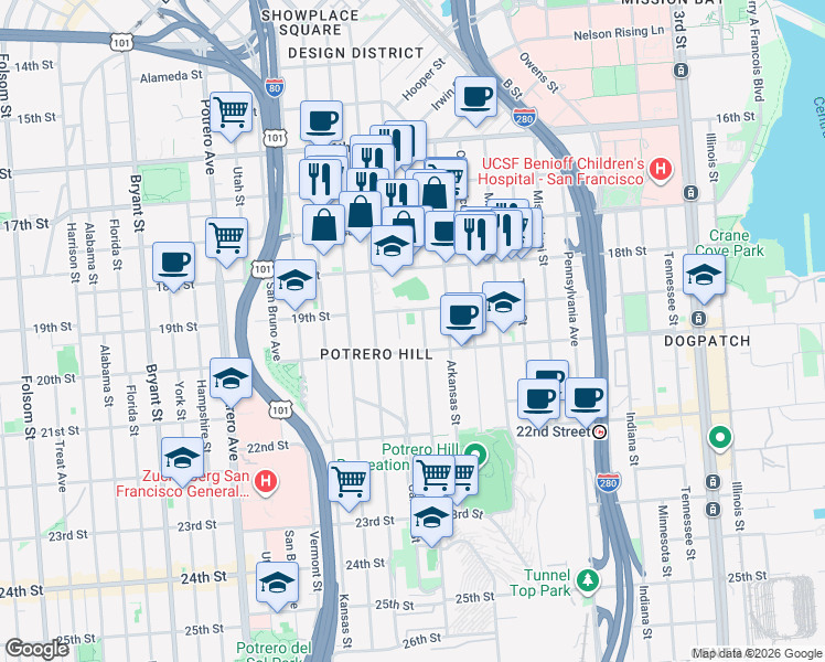 map of restaurants, bars, coffee shops, grocery stores, and more near 2 Wisconsin Street in San Francisco