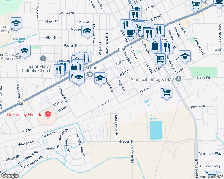 map of restaurants, bars, coffee shops, grocery stores, and more near 498 West I Street in Oakdale