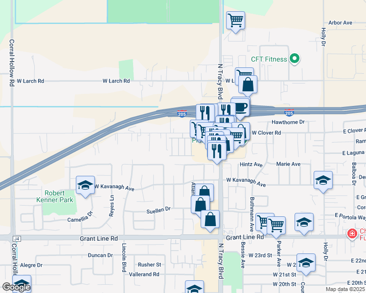 map of restaurants, bars, coffee shops, grocery stores, and more near 812 West Clover Road in Tracy