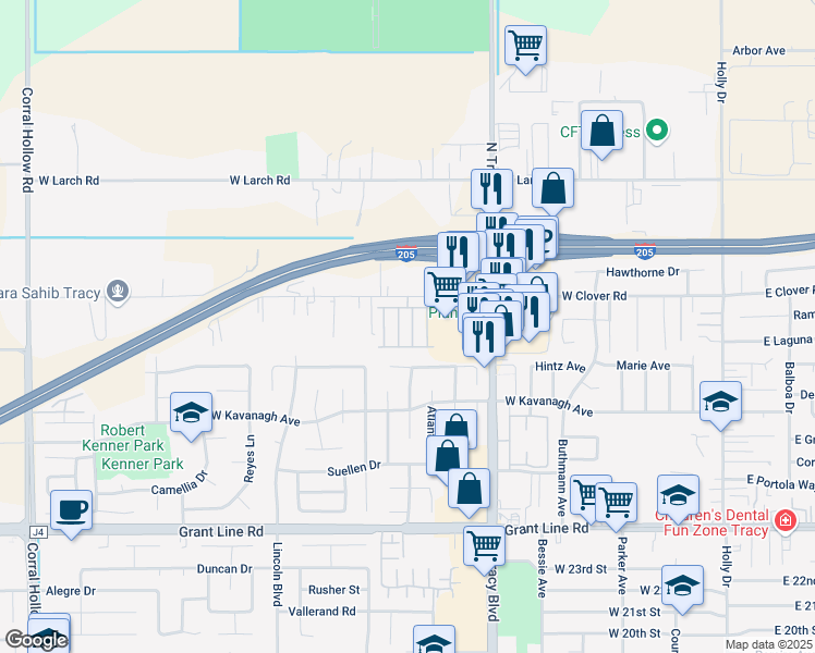 map of restaurants, bars, coffee shops, grocery stores, and more near 812 West Clover Road in Tracy