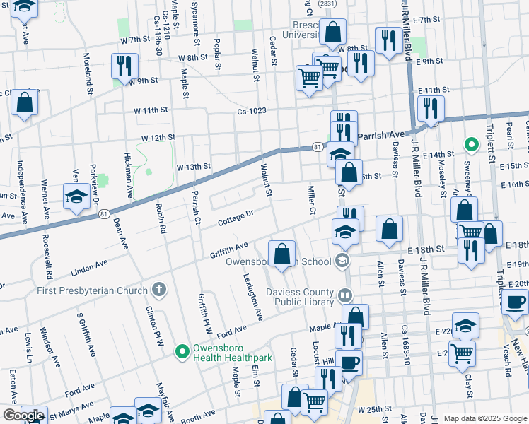 map of restaurants, bars, coffee shops, grocery stores, and more near 1526 Walnut Street in Owensboro