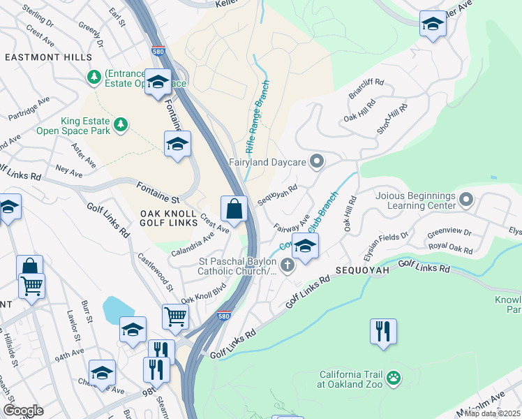 map of restaurants, bars, coffee shops, grocery stores, and more near 3858 Fairway Avenue in Oakland
