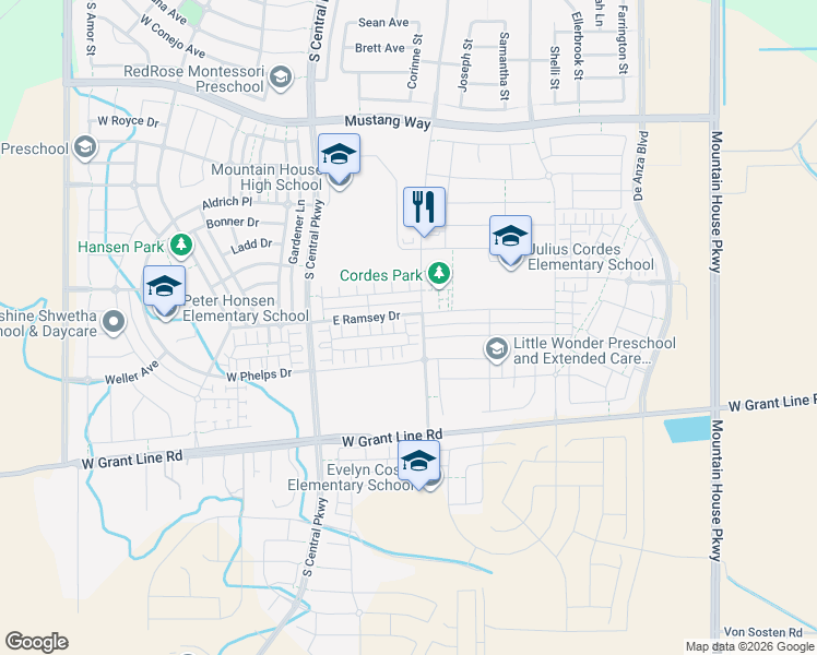 map of restaurants, bars, coffee shops, grocery stores, and more near 1372 Melville Lane in Tracy