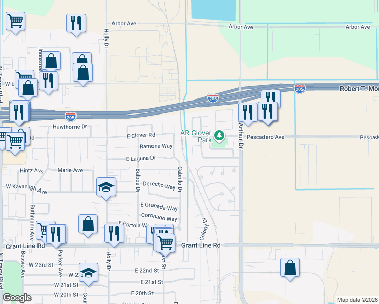 map of restaurants, bars, coffee shops, grocery stores, and more near 3307 Jeanette Court in Tracy
