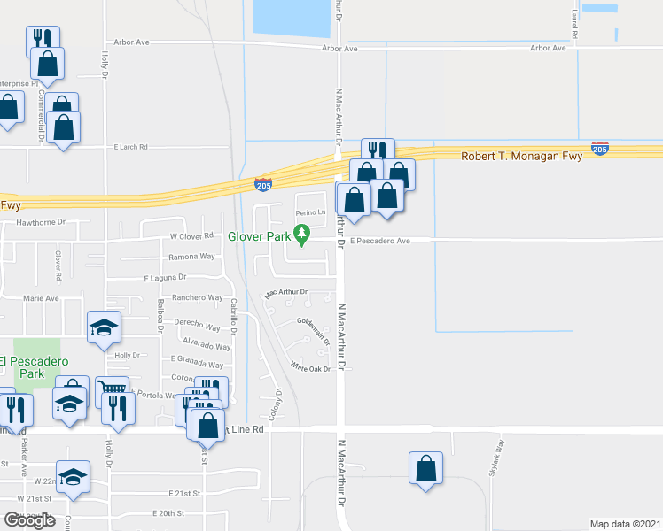 map of restaurants, bars, coffee shops, grocery stores, and more near 3260 Cheryl Lane in Tracy