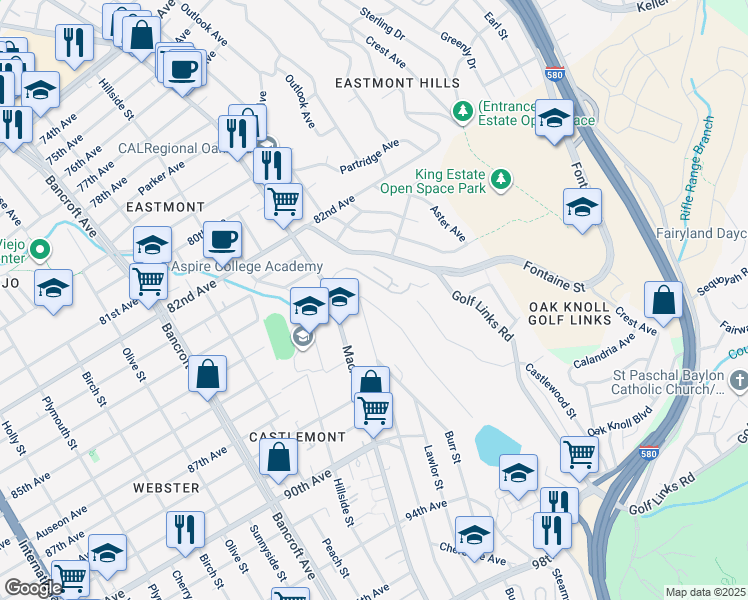 map of restaurants, bars, coffee shops, grocery stores, and more near 8526 Seneca Street in Oakland