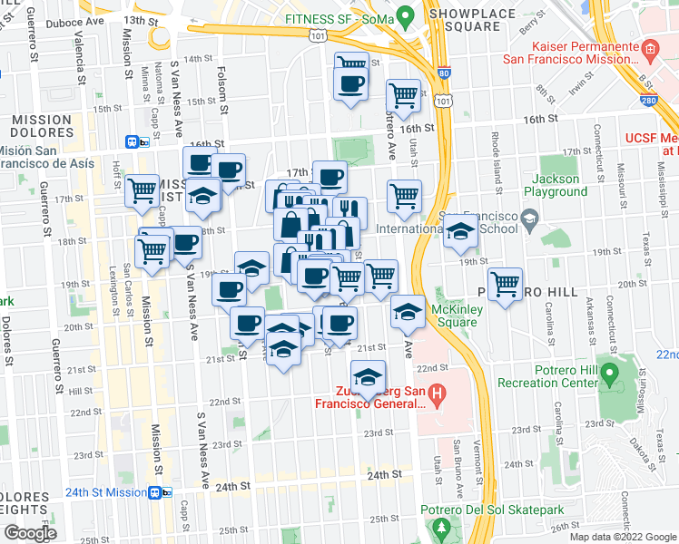 map of restaurants, bars, coffee shops, grocery stores, and more near Bryant Street & 19th Street in San Francisco