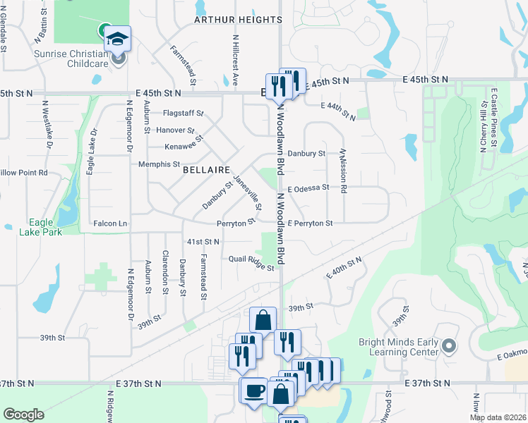 map of restaurants, bars, coffee shops, grocery stores, and more near 4251 N Woodlawn Blvd in Bel Aire