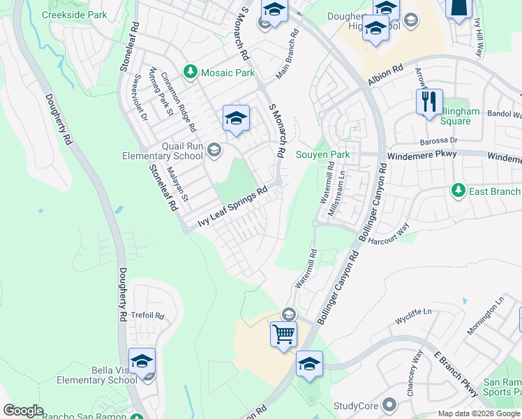 map of restaurants, bars, coffee shops, grocery stores, and more near 5131 Rowan Drive in San Ramon