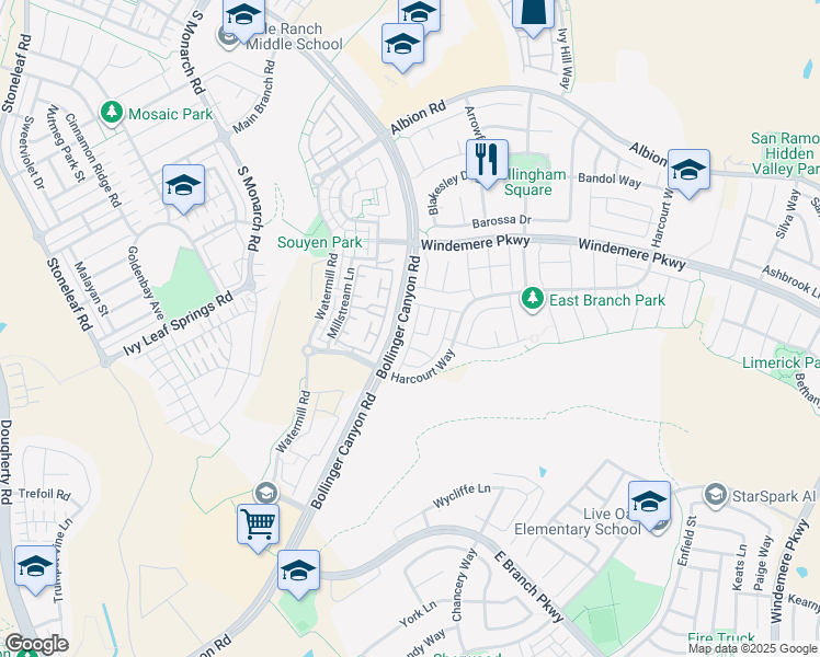 map of restaurants, bars, coffee shops, grocery stores, and more near 2345 Millenium Lane in San Ramon