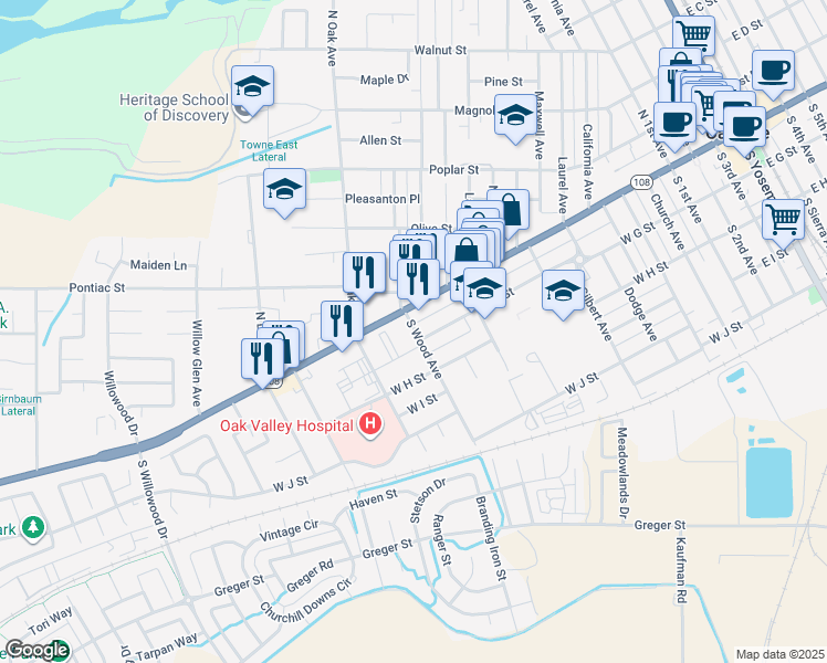 map of restaurants, bars, coffee shops, grocery stores, and more near 1149 West F Street in Oakdale