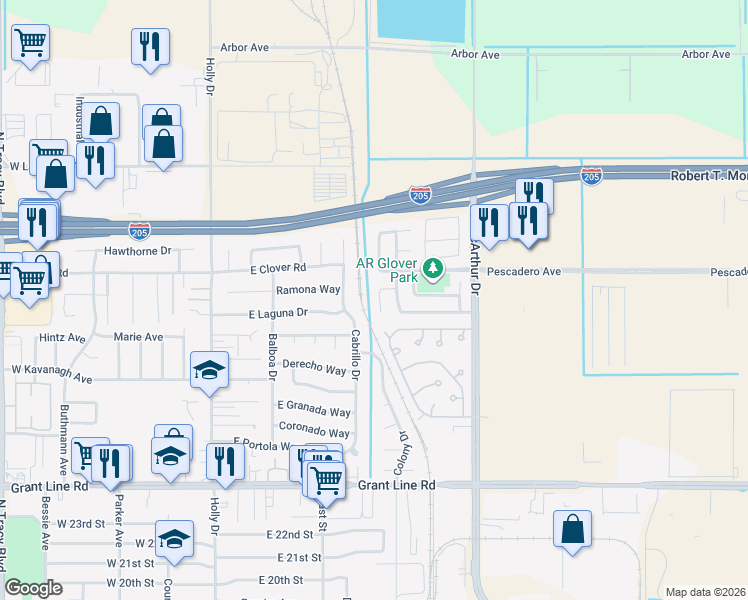 map of restaurants, bars, coffee shops, grocery stores, and more near 3307 Jeanette Court in Tracy