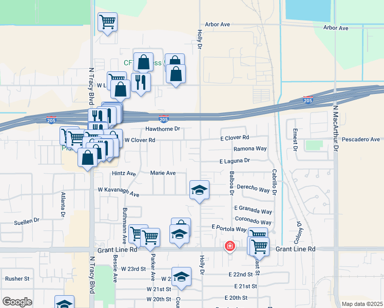 map of restaurants, bars, coffee shops, grocery stores, and more near 3355 Holly Drive in Tracy