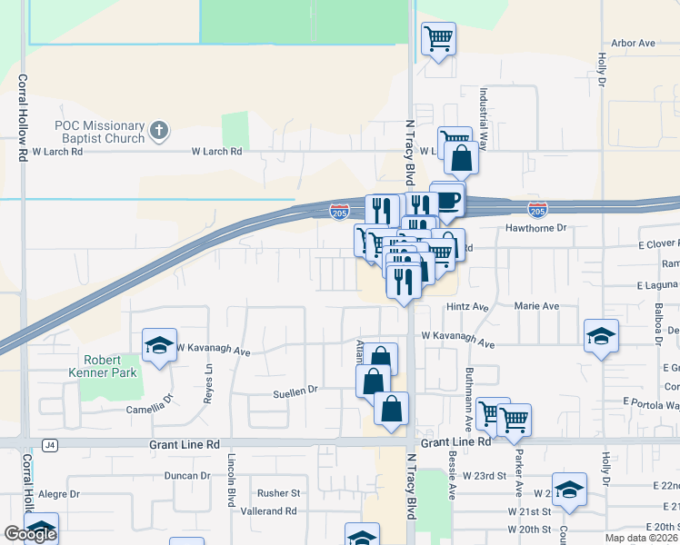 map of restaurants, bars, coffee shops, grocery stores, and more near 812 West Clover Road in Tracy