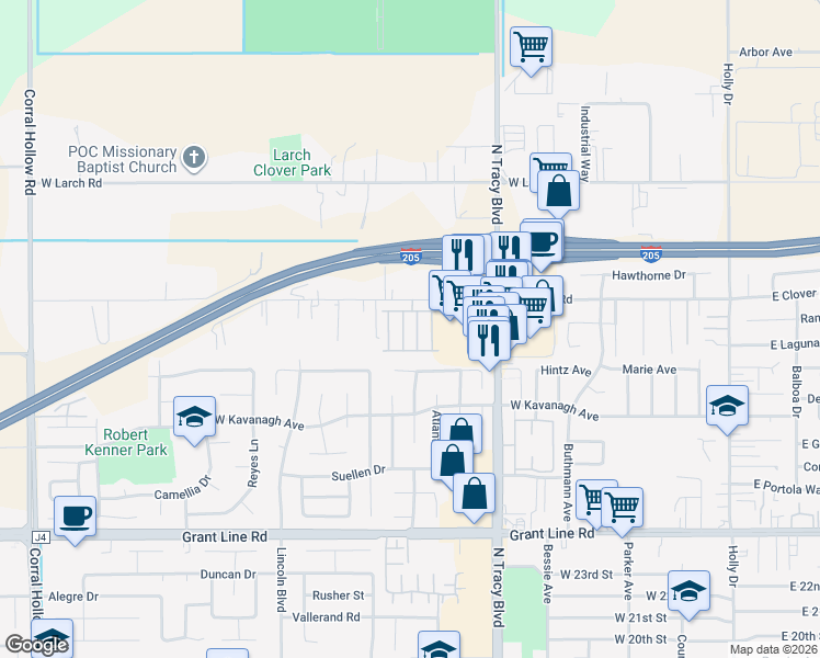 map of restaurants, bars, coffee shops, grocery stores, and more near 812 West Clover Road in Tracy