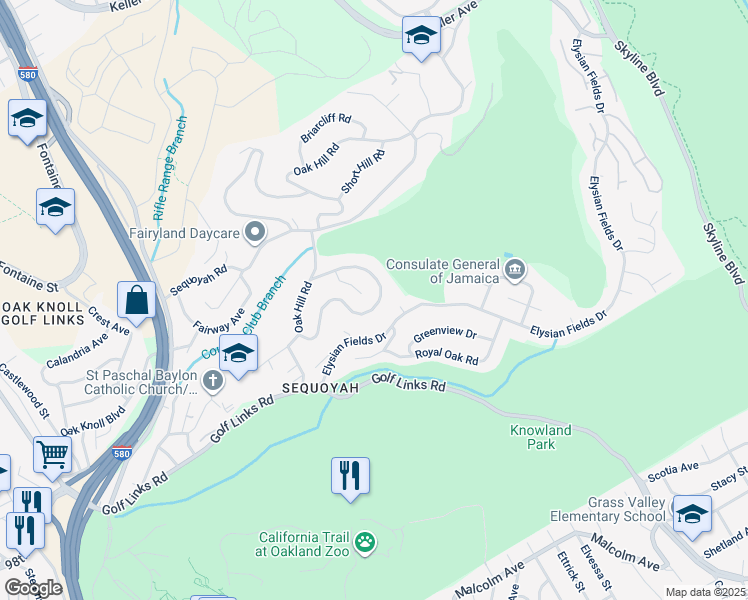 map of restaurants, bars, coffee shops, grocery stores, and more near 112 Sequoyah View Drive in Oakland