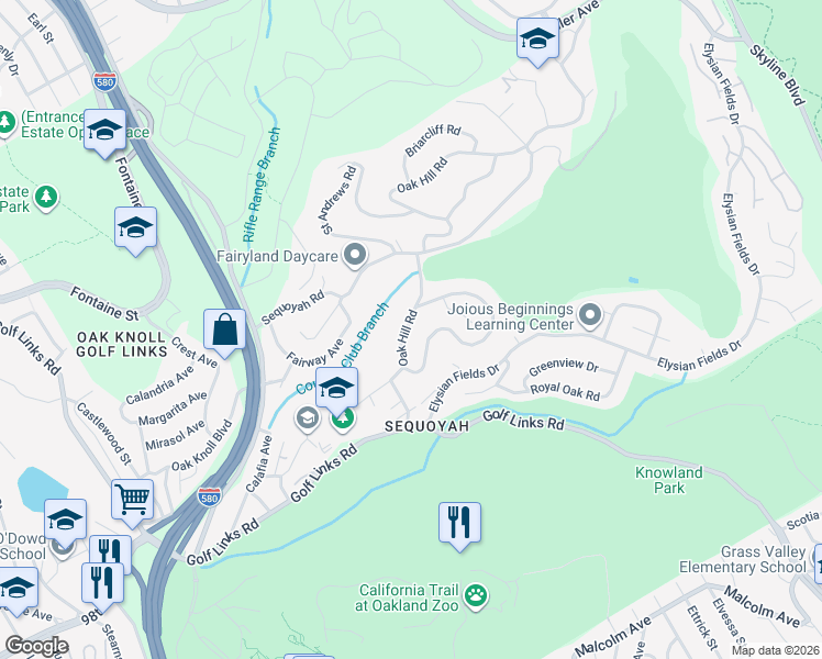 map of restaurants, bars, coffee shops, grocery stores, and more near 4091 Oak Hill Road in Oakland
