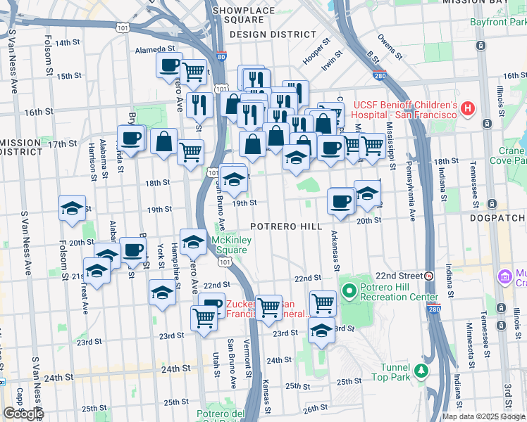 map of restaurants, bars, coffee shops, grocery stores, and more near 2106 19th Street in San Francisco