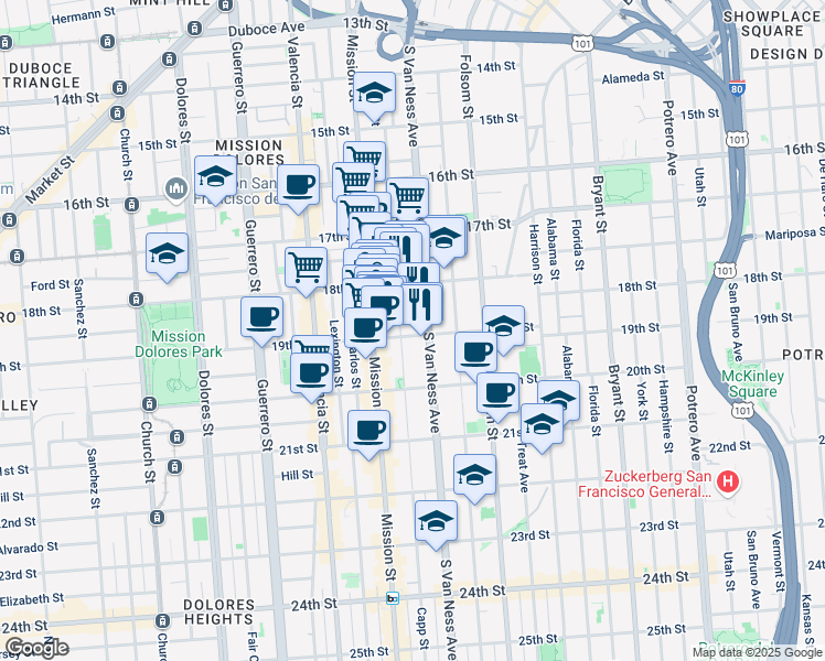 map of restaurants, bars, coffee shops, grocery stores, and more near 772 South Van Ness Avenue in San Francisco