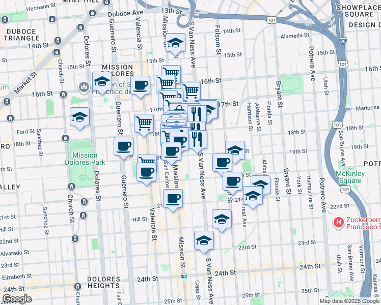 map of restaurants, bars, coffee shops, grocery stores, and more near 772 South Van Ness Avenue in San Francisco
